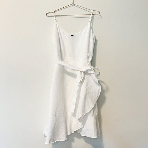 Banana Republic White Linen Blend Ruffle Wrap Spaghetti Strap Dress 14 Petite - Picture 2 of 9